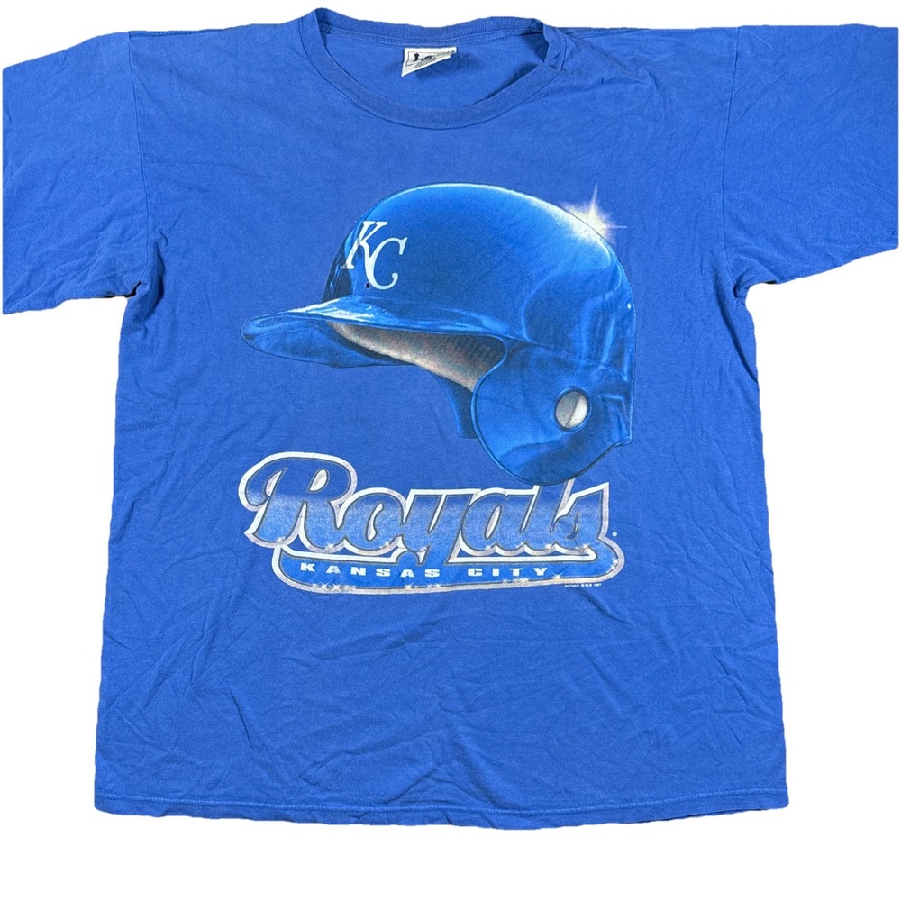 Vintage Kansas City Royals Men's‎ Blue 90's Graphic Tee Lee Sport Size Hole*